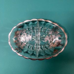 Vintage Divided Glass Dish with Silver Plate Flowers